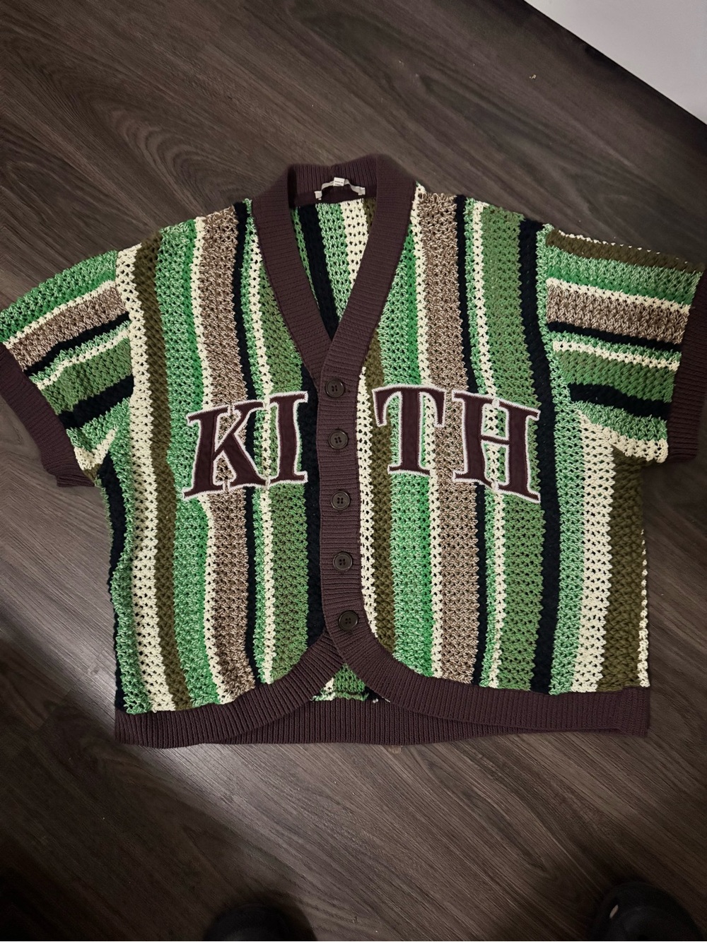 Kith Short-Sleeve Crochet Striped Cardigan in Green, Olive, Cream & Brown